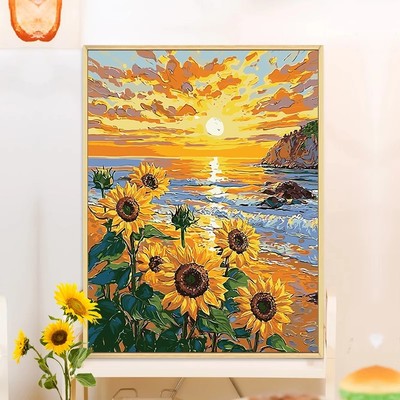 海边向日葵花卉成品装饰画仿油画风景治愈唯美大海卧室客厅摆挂画