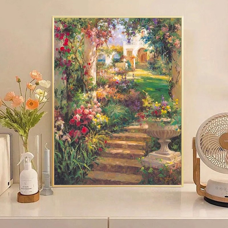 欧式花园复古印象装饰画成品仿油画风景唯美高级感卧室客厅摆挂画图片