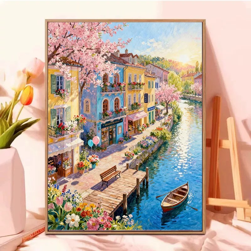 春天小镇装饰画仿油画风景唯美治愈小清新氛围感卧室客厅餐厅挂画