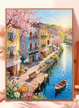 春天小镇装饰画仿油画风景唯美治愈小清新氛围感卧室客厅餐厅挂画