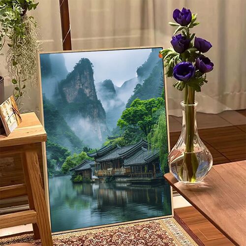 新中式山水墨装饰画仿油画风景唯美小众艺术高级感卧室客厅摆挂画