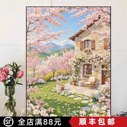 欧式桃花治愈清新装饰画成品仿油画风景唯美高级感卧室客厅摆挂画