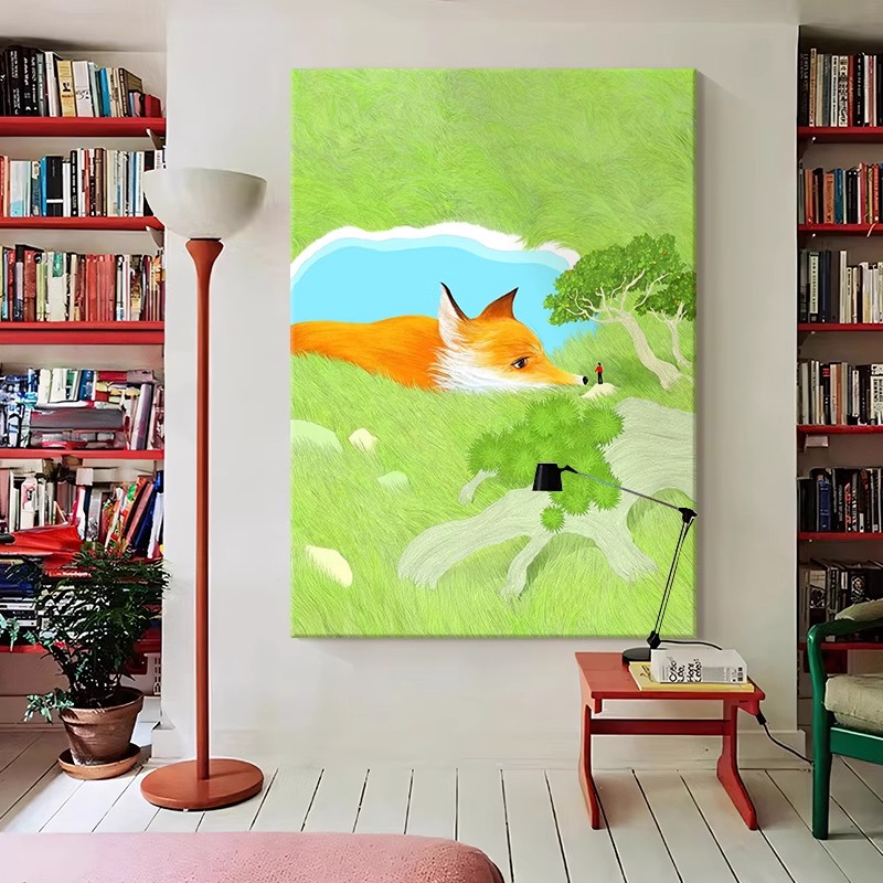 北欧风景草原湖泊装饰画成品仿油画动物狐狸兔子小清新儿童摆挂画图片