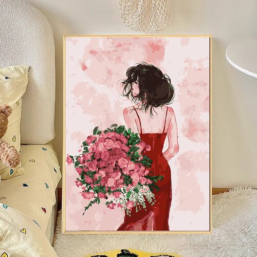 高级感装饰画捧花少女客厅卧室背景成品油画风喷印小众玫瑰挂摆画