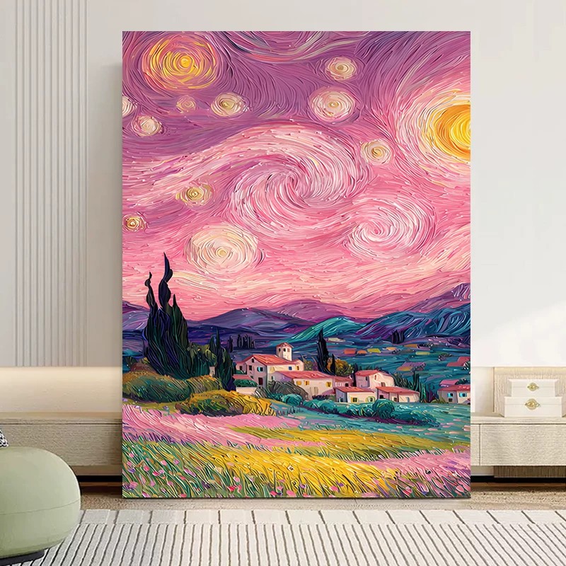梵高星空粉色玫瑰花装饰画梦幻小众创意唯美高级感卧室客厅摆挂画