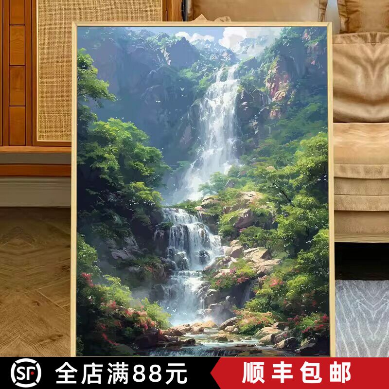 中国风流水生财瀑布装饰画成品仿油画风景山水高级感卧室客厅挂画