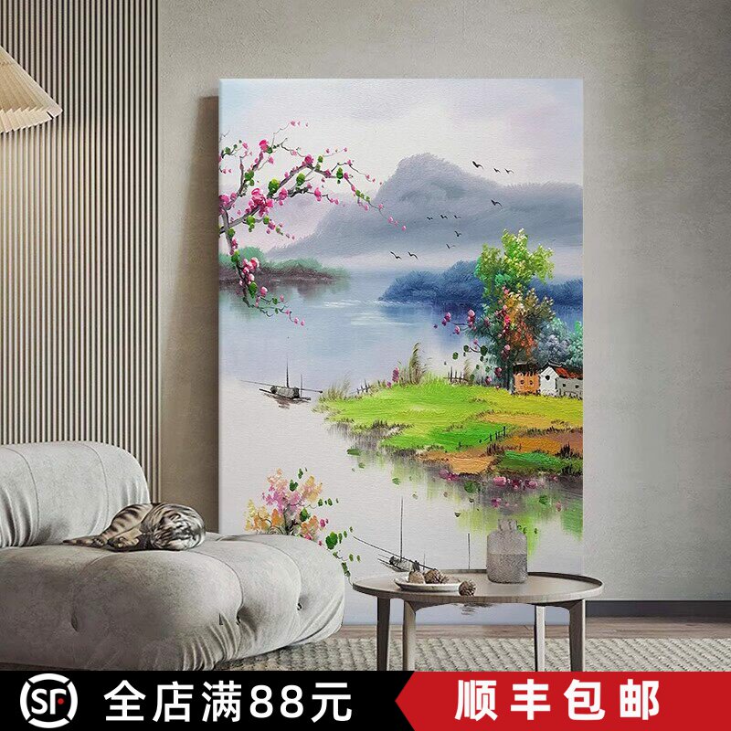 中式江南水乡古风装饰画成品仿油画风景唯美高级感玄关客厅摆挂画