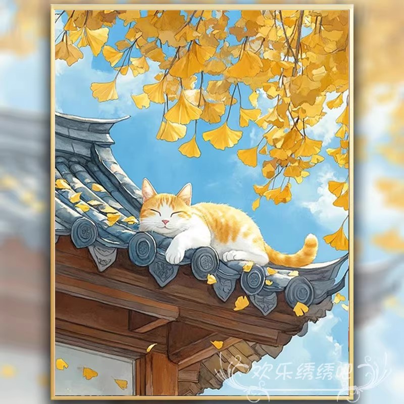 故宫小猫可爱中国风卡通装饰画成品仿油画治愈温暖卧室客厅摆挂画图片