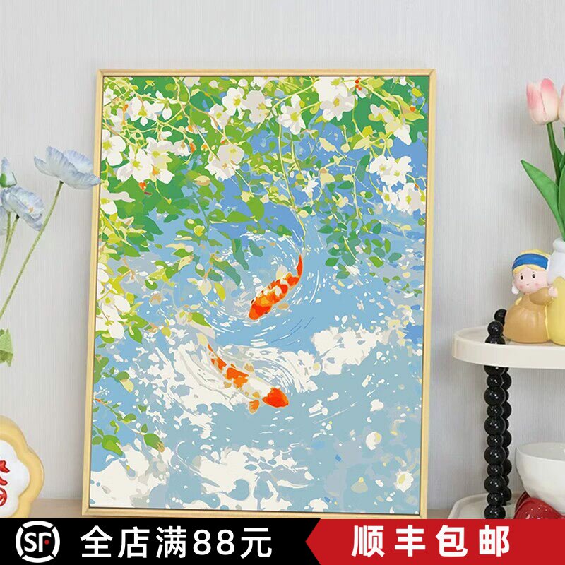 池塘锦鲤成品装饰画仿油画风景唯美治愈小清新寓意卧室客厅摆挂画