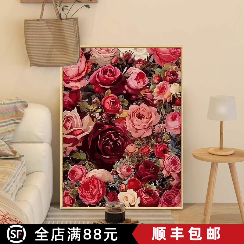 繁花似锦玫瑰花卉成品装饰画仿油画风景唯美高级感卧室客厅摆挂画