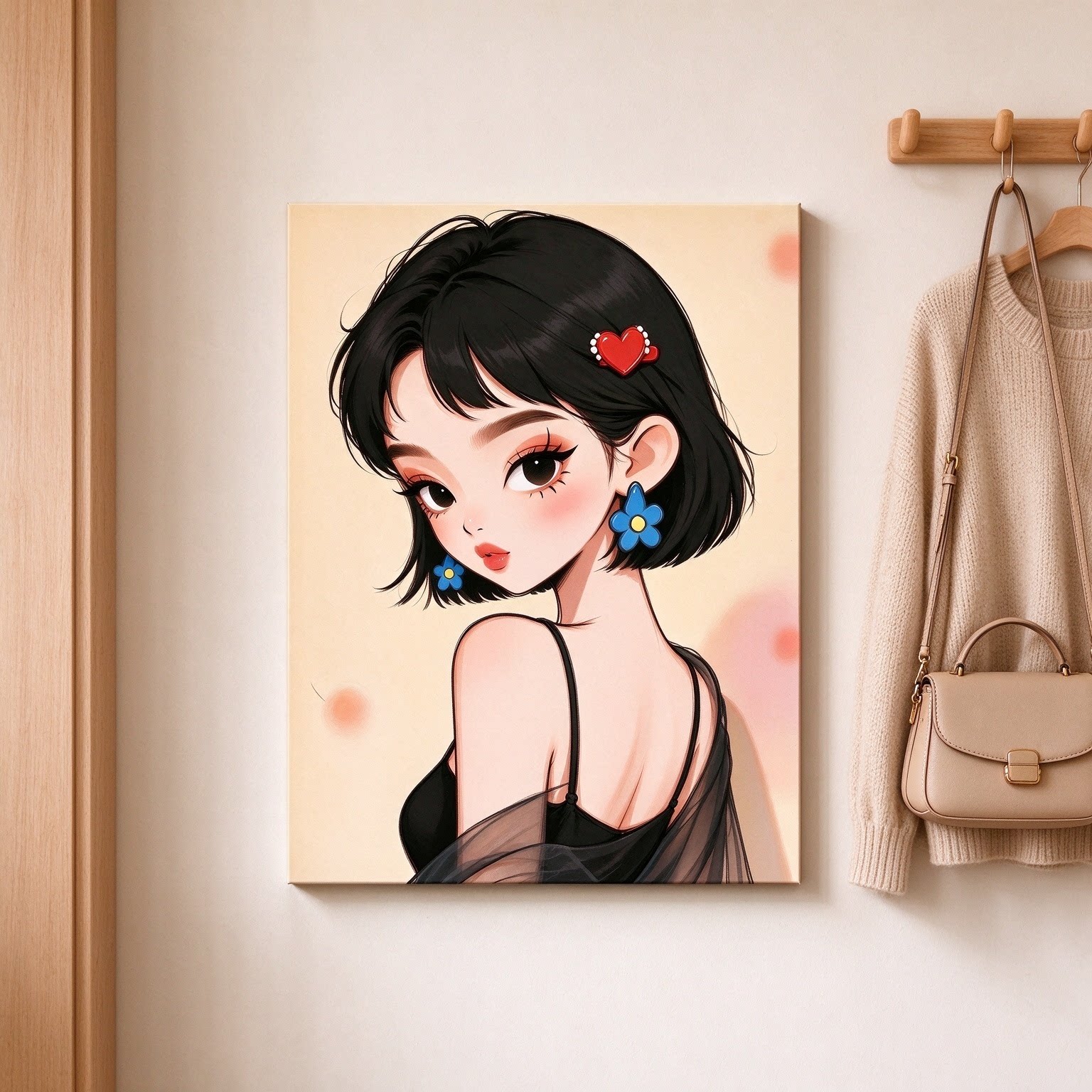 气质黑短发少女装饰画仿油画摩登优雅干练酷感女孩卧室客厅摆挂画