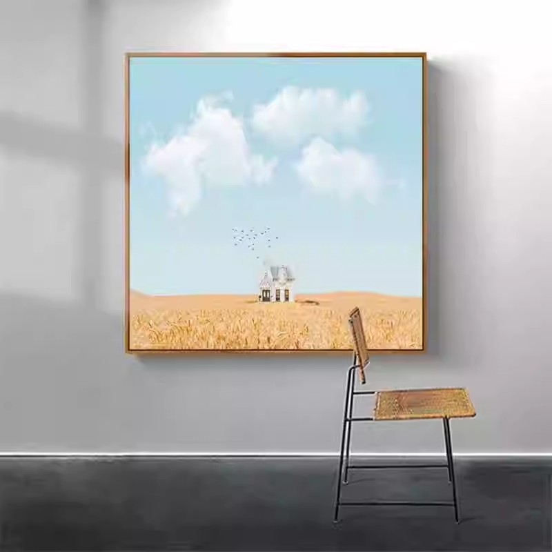 文艺小众蓝天白云装饰画成品仿油画风景方形麦田清新卧室客厅挂画图片