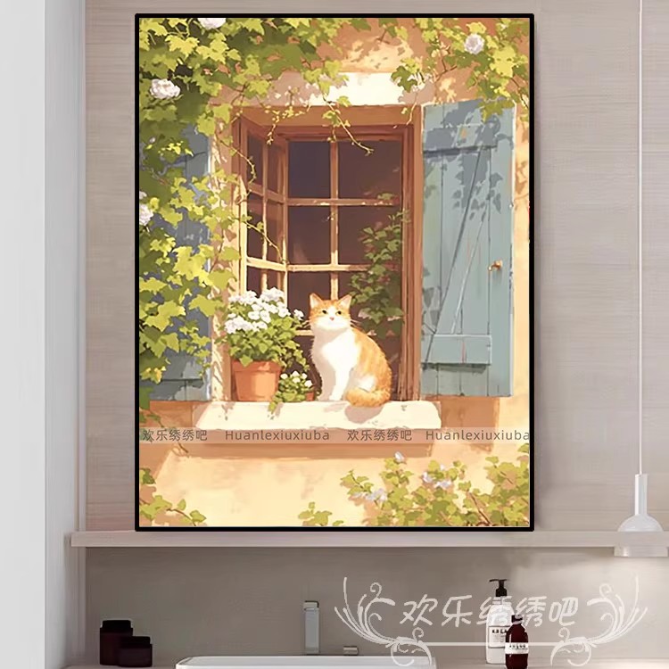 窗台小猫阳光温馨装饰画成品仿油画风景唯美高级感卧室客厅摆挂画图片