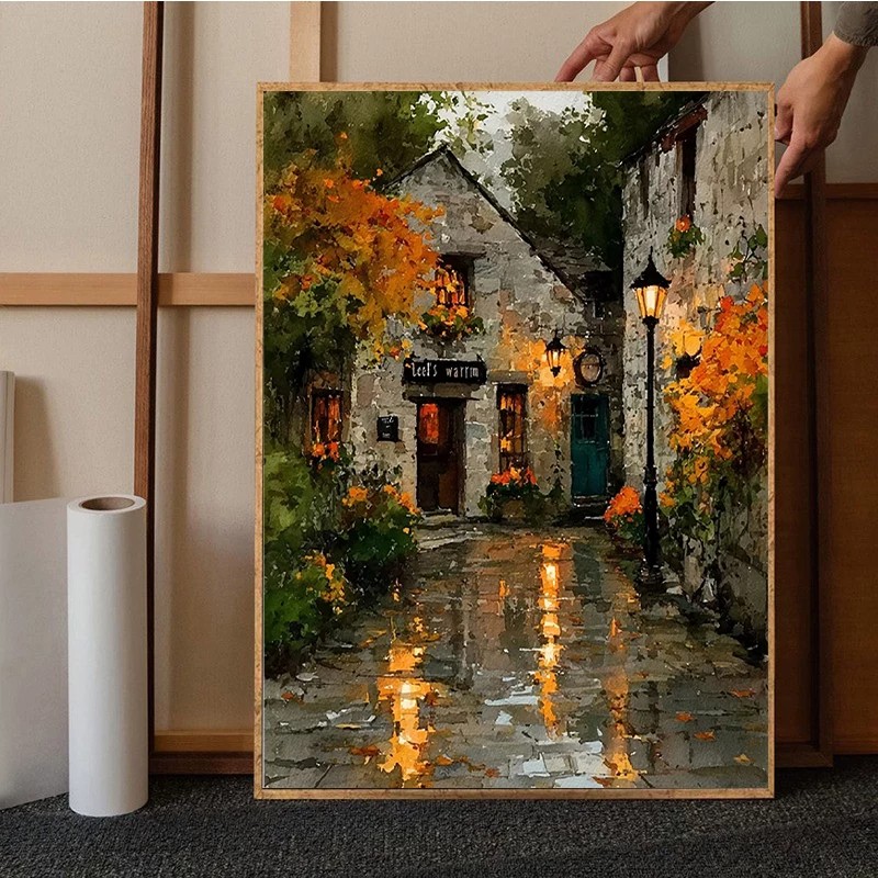 欧式复古雨巷装饰画小众仿油画风景建筑唯美高级感卧室客厅摆挂画