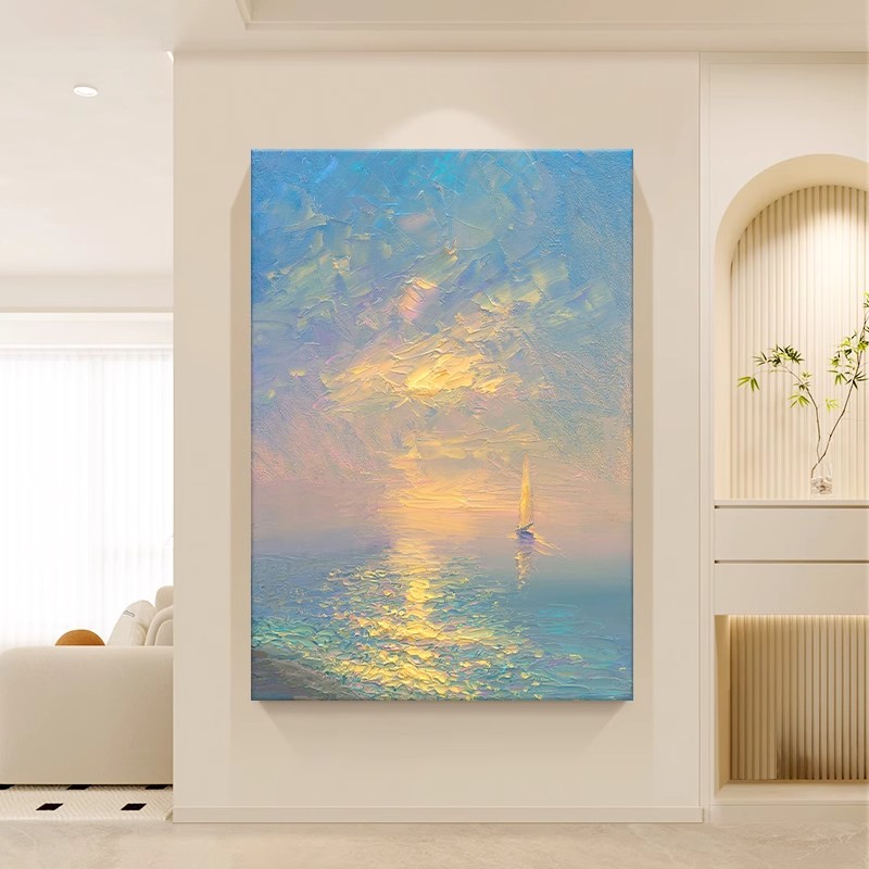 高级感海上日出装饰画仿油画风景唯美治愈梦幻玄关卧室客厅摆挂画图片