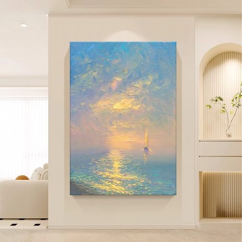 高级感海上日出装饰画仿油画风景唯美帆船梦幻玄关卧室客厅摆挂画