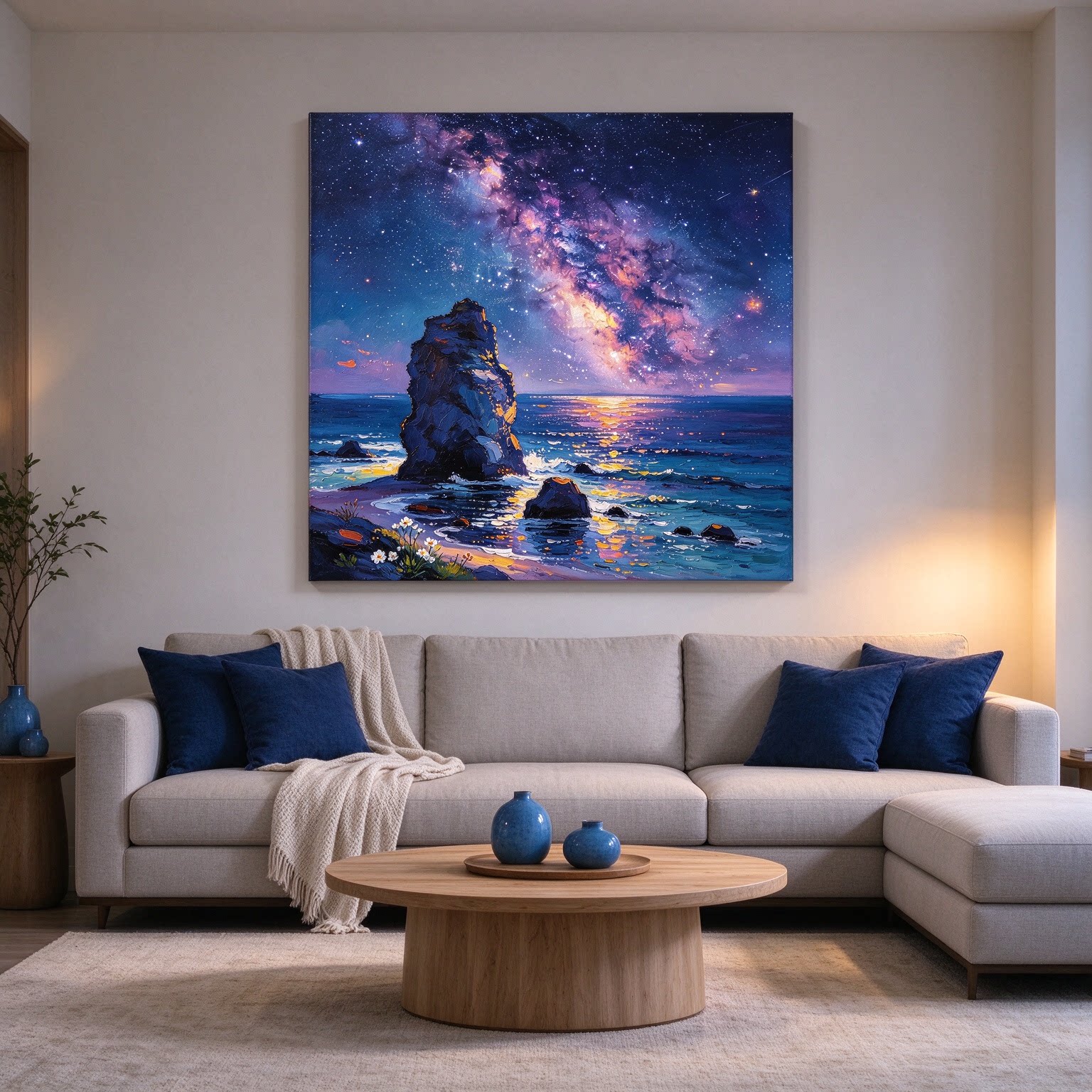 大海夜空极光装饰画方形仿油画风景唯美梦幻高级感卧室客厅摆挂画