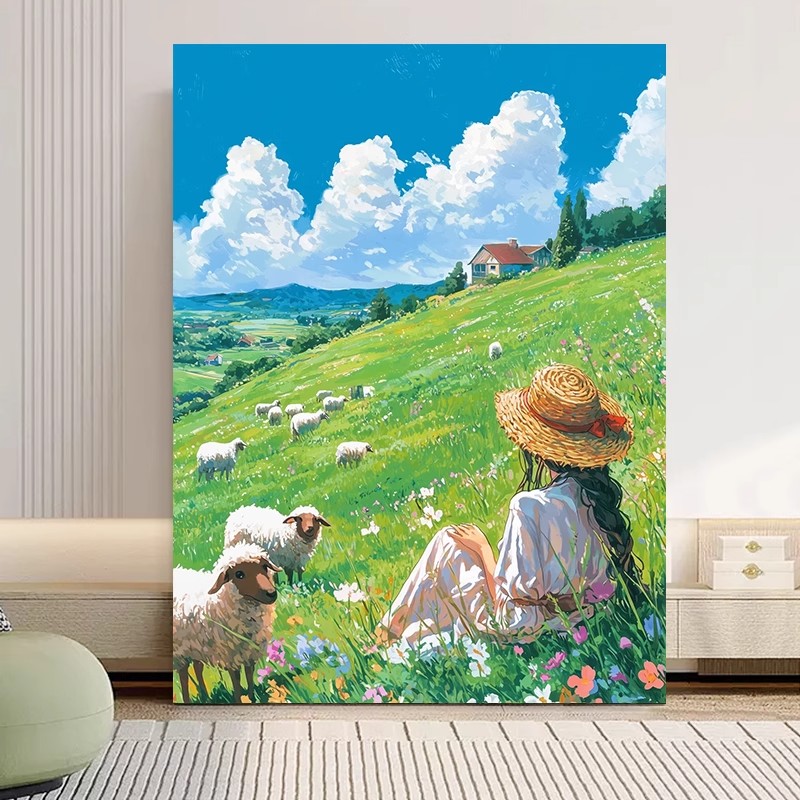 成品田园牧歌装饰画风景治愈草原田野仿油画风唯美卧室客厅摆挂画图片