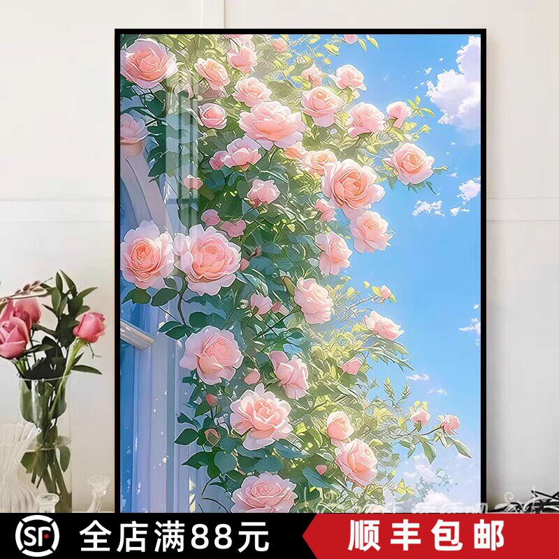 蔷薇花卉治愈清新装饰画成品仿油画风景唯美高级感卧室客厅摆挂画