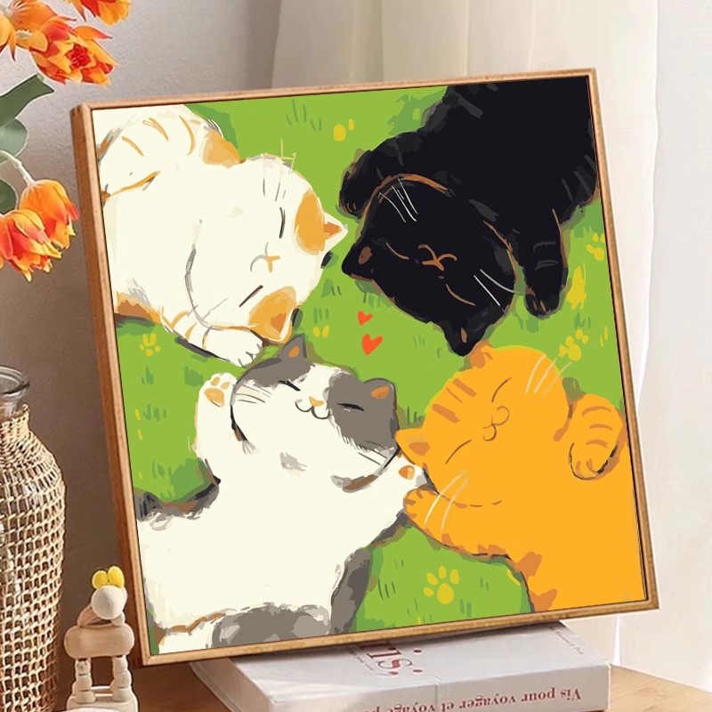 草地猫咪成品装饰画仿油画风景可爱萌宠温馨方形卧室儿童房摆挂画