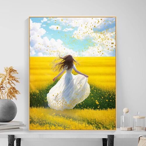 油菜花田女孩装饰画成品仿油画风景唯美治愈高级感卧室客厅摆挂画