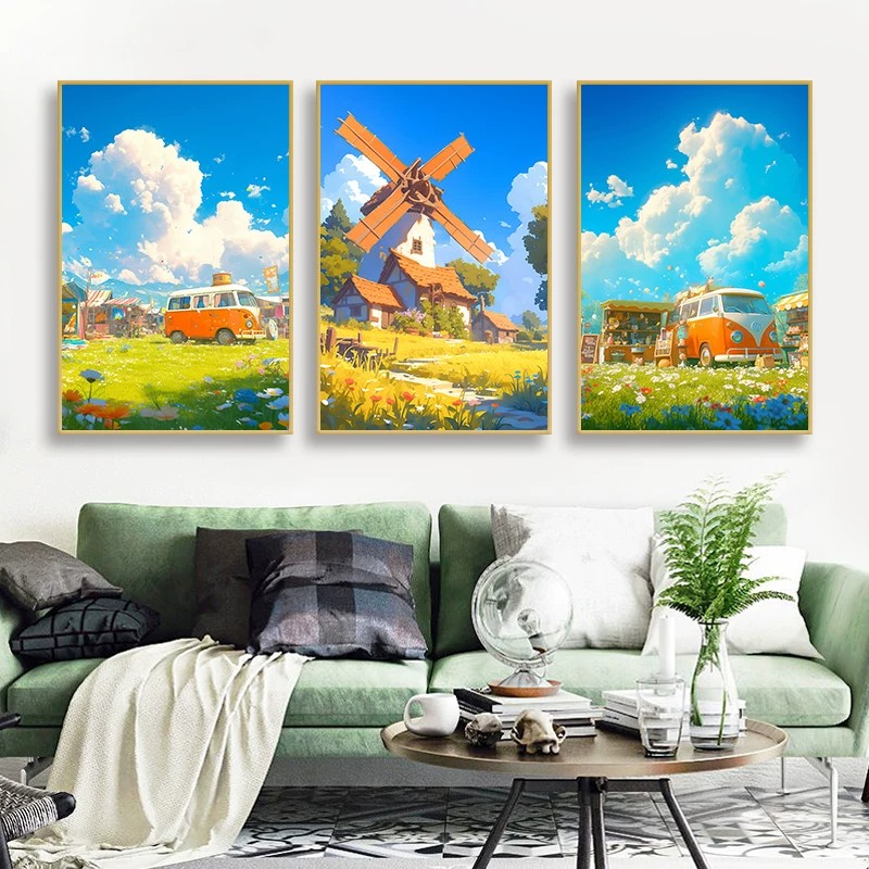 宫崎骏装饰画蓝天白云卡通仿油画风景唯美清新治愈卧室客厅摆挂画