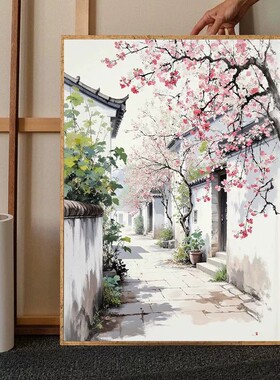 江南水墨风桃花装饰画中国古风景唯美小清新高级感卧室客厅摆挂画