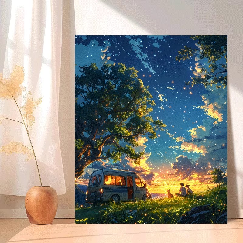 成品宫崎骏趣味装饰画唯美星空梦幻治愈高级感仿油画卧室客厅挂画图片