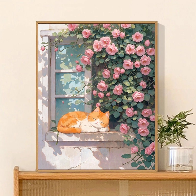 窗台猫咪花卉装饰画成品仿油画风景可爱唯美治愈系卧室客厅摆挂画图片