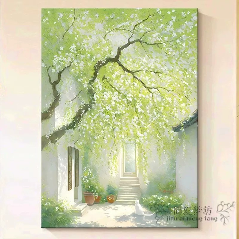 国风杨柳小院装饰画仿油画风景成品清新唯美治愈系卧室客厅摆挂画
