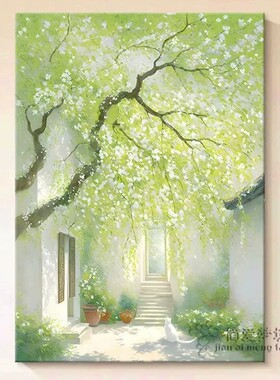 国风杨柳小院装饰画仿油画风景成品清新唯美治愈系卧室客厅摆挂画