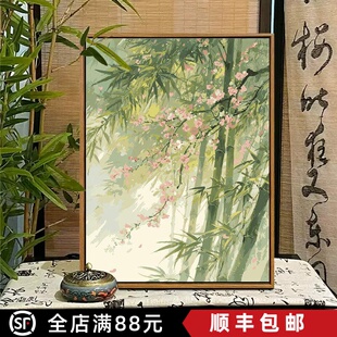 中国风竹子成品装饰画仿油画风景水墨复古竹林意境卧室客厅摆挂画