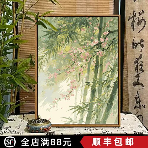 中国风竹子成品装饰画仿油画风景水墨复古竹林意境卧室客厅摆挂画