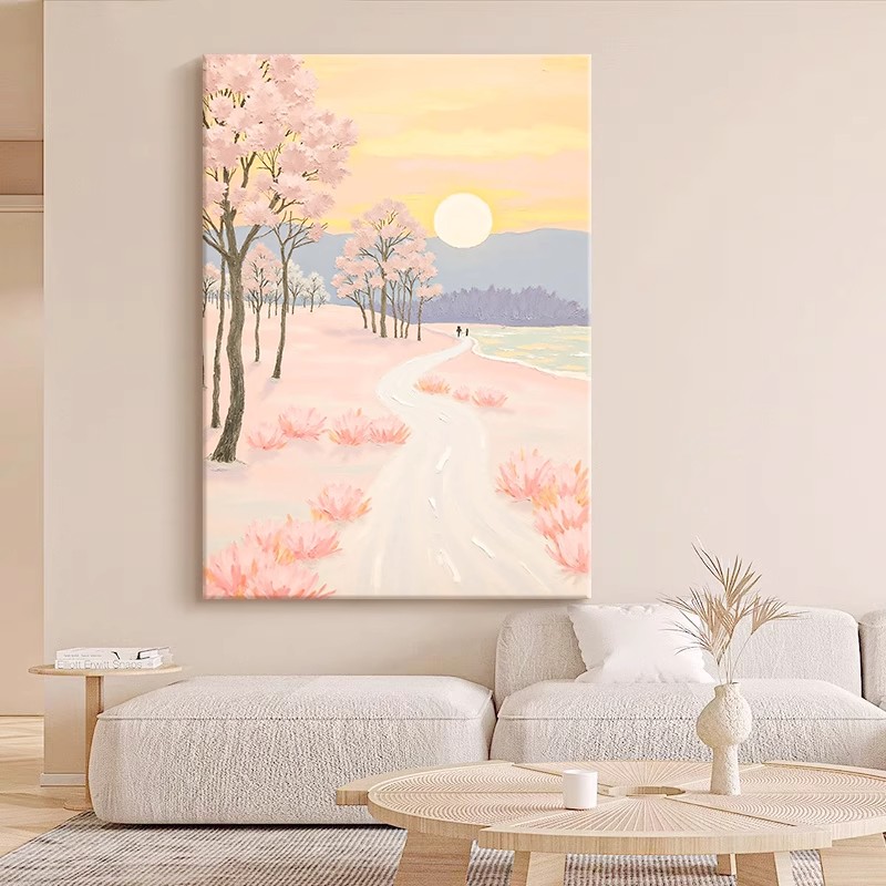 奶油风樱花卉装饰画粉色系成品仿油画风景唯美治愈卧室客厅摆挂画