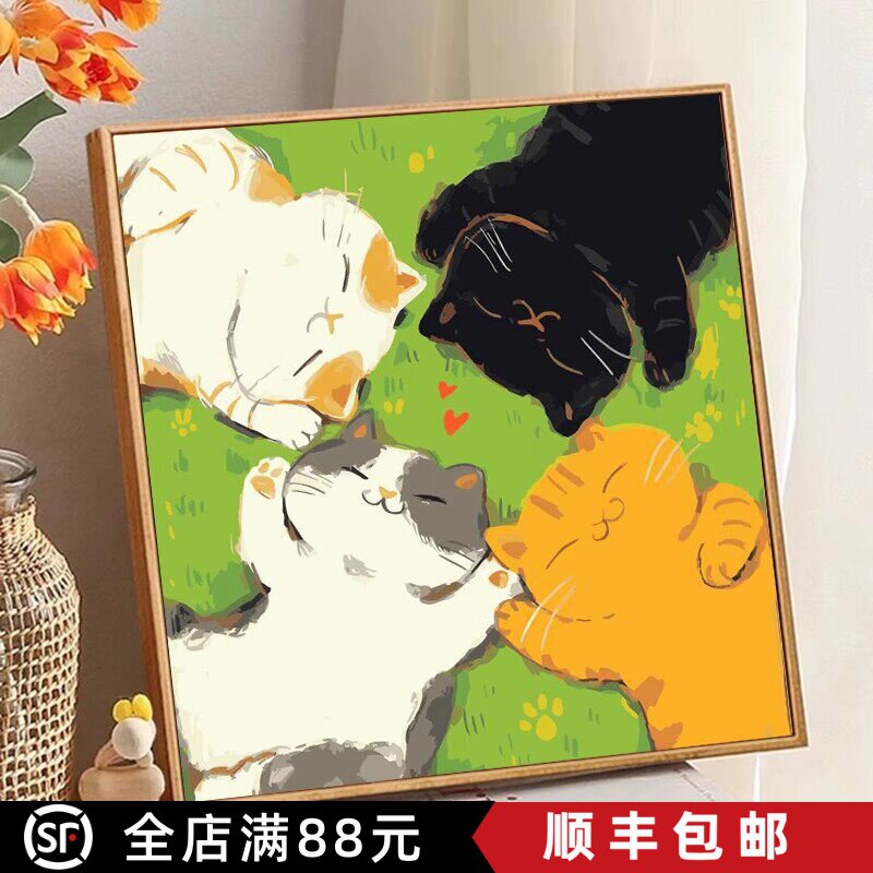 草地猫咪成品装饰画仿油画风景可爱萌宠温馨方形卧室儿童房摆挂画