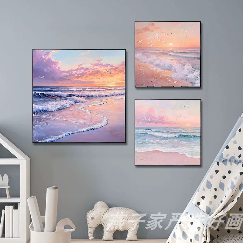 奶油风海边海浪装饰画仿油画风景唯美治愈系高级感卧室客厅摆挂画