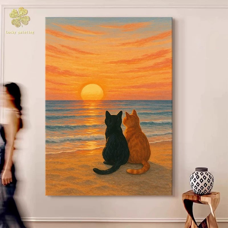 海上日出猫咪装饰画仿油画成品风景唯美治愈系温馨卧室客厅摆挂画