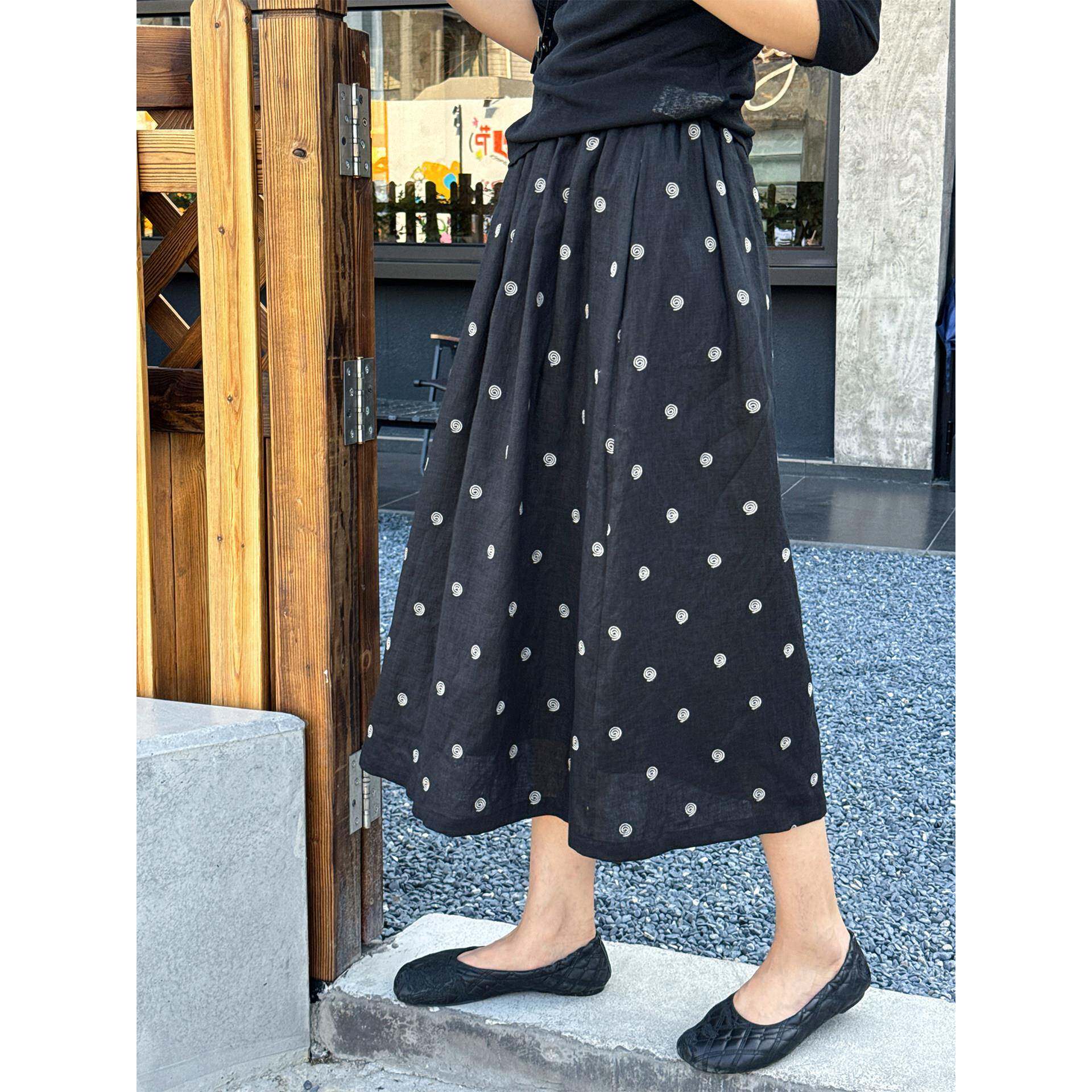 浪清 100亚麻波点半身裙女夏薄款显瘦裙子小个子A字中长裙大摆裙