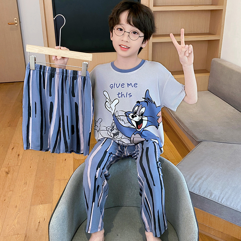 莫代尔儿童睡衣夏季2025新款男童短袖三件套装薄款男孩大童家居服