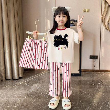 儿童睡衣女童夏季2025新款纯棉三件套薄款女孩短袖长裤大童家居服