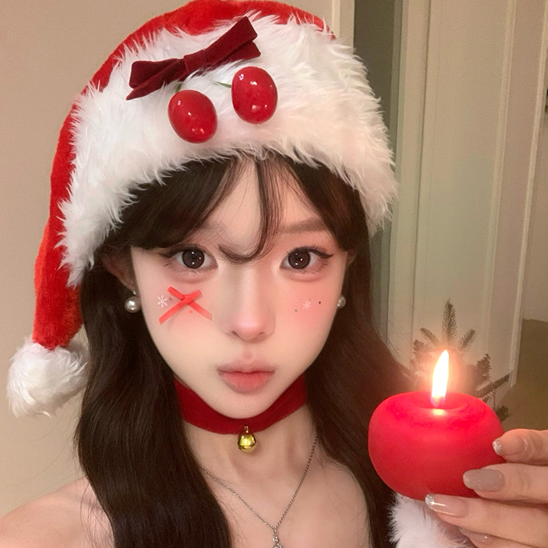 原创秋冬樱桃蝴蝶结毛绒圣诞老人帽圣诞cos服装拍照头饰圣诞帽B6