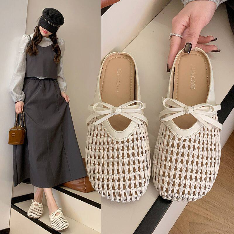 thumbnail for Bow half slippers women's summer and Korean version of hollow fishing Internet celebrity shoes breathable and high-end 2026 new woven hollowout