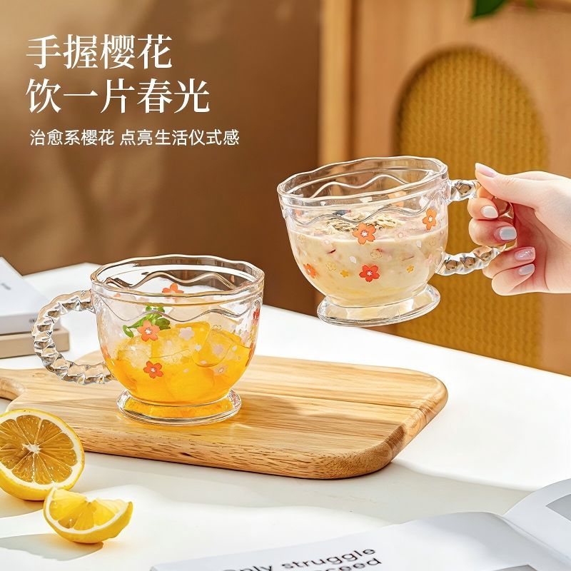 新款创意樱花杯把手杯早餐牛奶杯玻璃杯