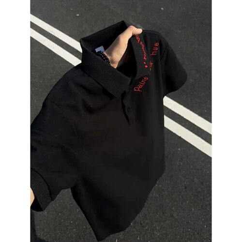 黑色刺绣Polo衫短袖男款夏季痞帅高级感翻领t恤美式重磅正肩半袖