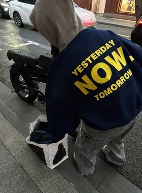 撞色拼接宽松连帽卫衣男女藏青短款情侣外套美式重磅印花帽衫上衣