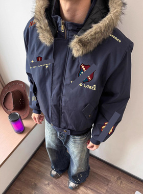 美式hiphop飞行夹克座山雕刺绣棒球服男冬季加厚拆卸连帽情侣外套