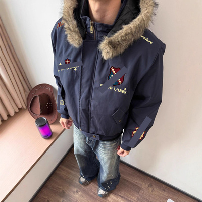 美式hiphop飞行夹克座山雕刺绣棒球服男冬季加厚拆卸连帽情侣外套