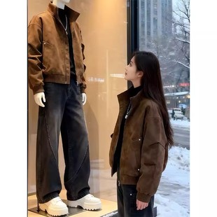 美式复古扎染咖色立领加绒夹克男女秋冬季三防皮衣宽松棒球服外套