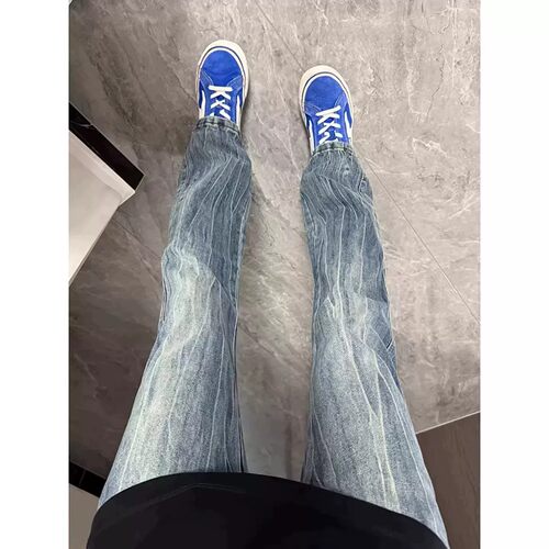 青蓝cleanfit闪电纹牛仔裤男美式高街vibe裤子男生夏季直筒微喇裤