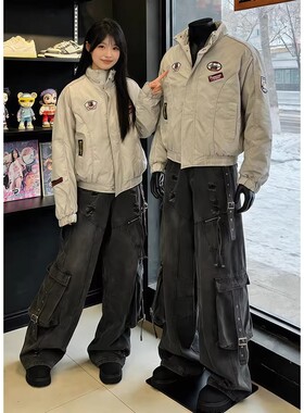 美式复古徽章刺绣解构立领棉服男女冬季情侣保暖棉衣潮牌加厚外套